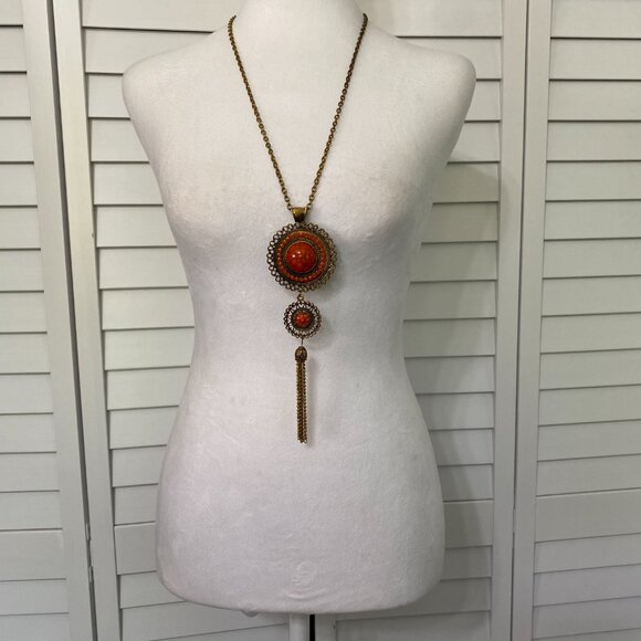 Vintage 70s Gold and Orange Pendant Necklace with Tassel Accent 29" #392 - Picture 2 of 6